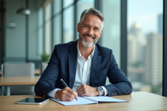 Agent immobilier souriant dans un bureau moderne avec vue urbaine