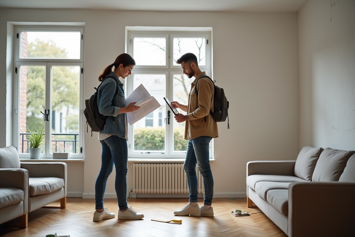 Jeune couple discutant plans de renovation dans un appartement