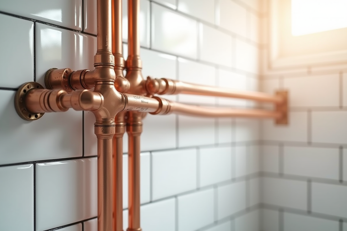 Installation de tuyaux en cuivre sur mur carrelé blanc