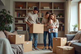 Famille jeune famille emballant cartons dans un salon chaleureux