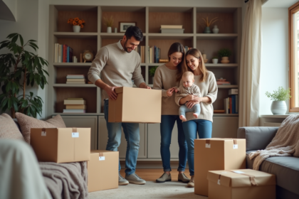 Famille jeune famille emballant cartons dans un salon chaleureux