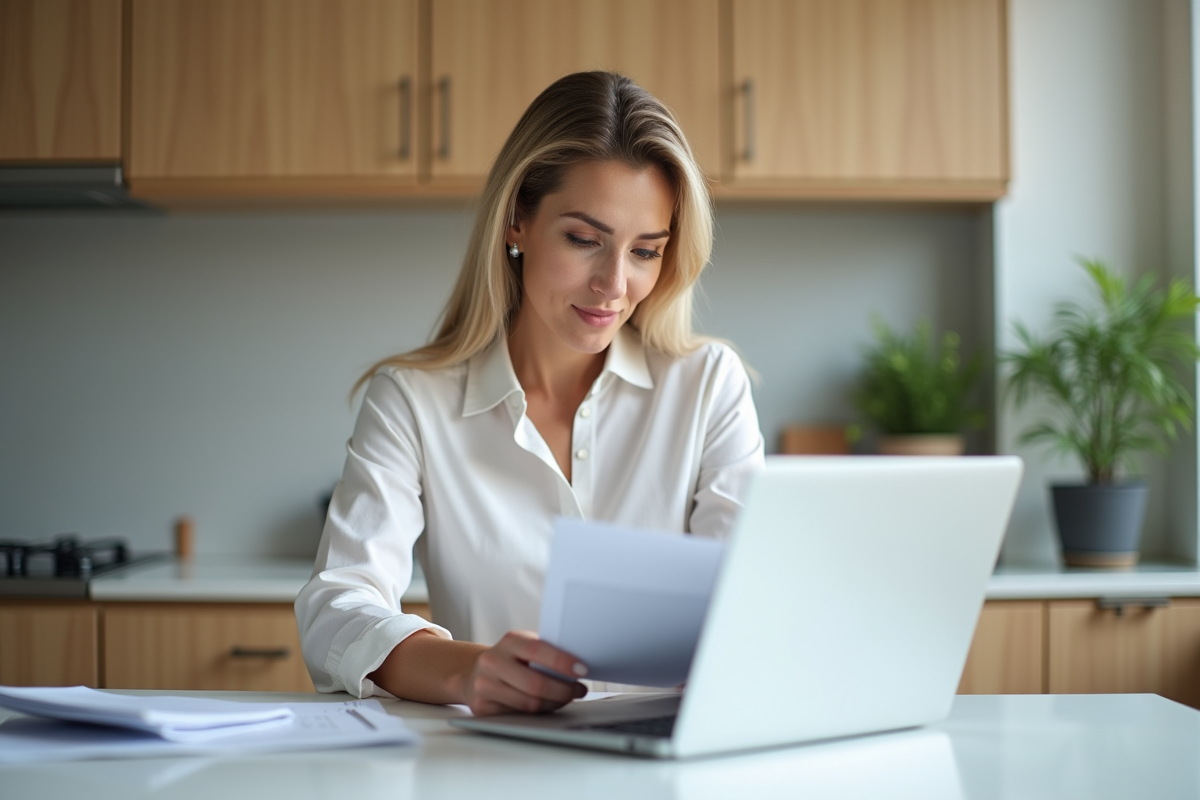 Femme en bureau organisé avec documents et ordinateur