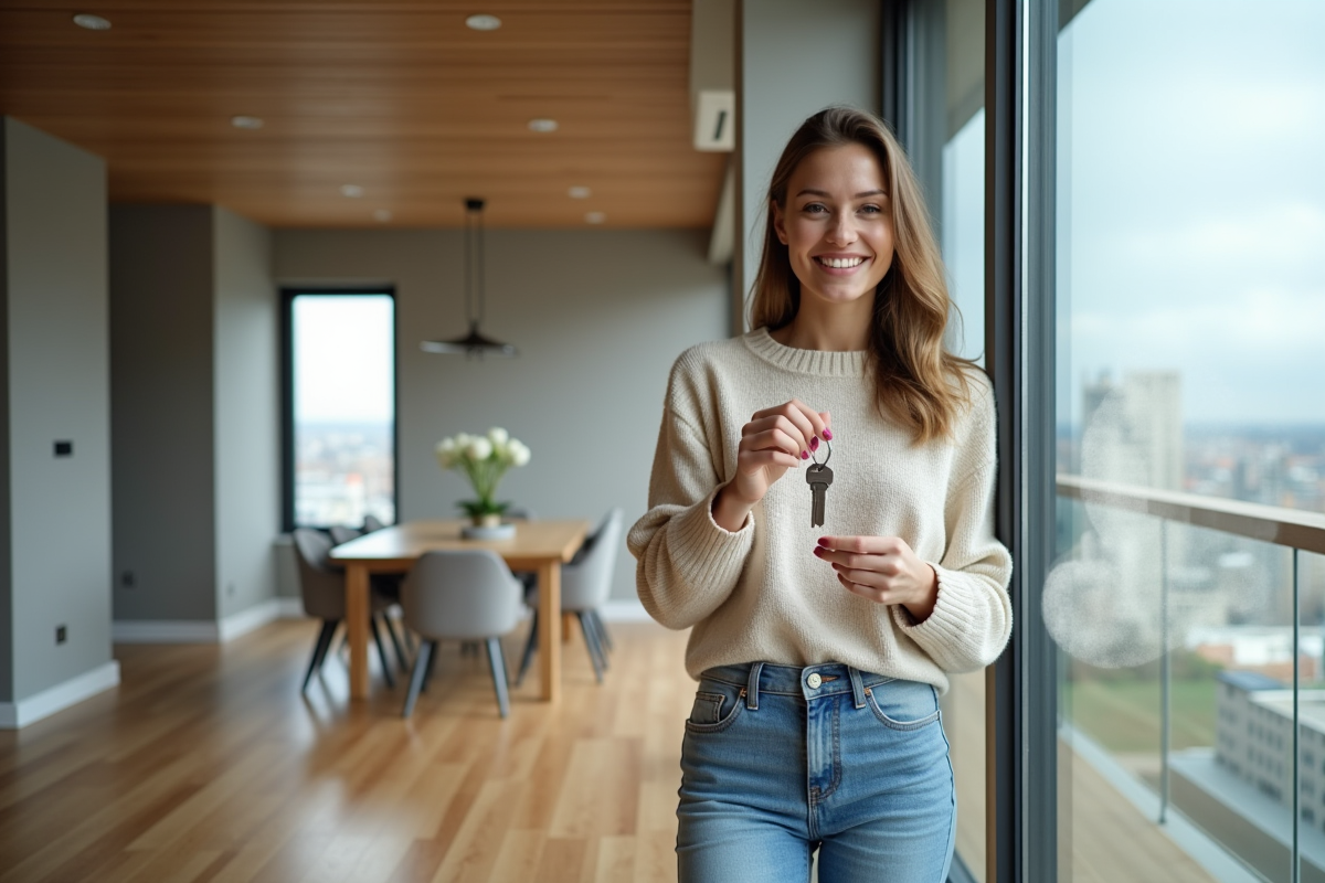 Femme souriante tenant des clés dans un appartement rénové