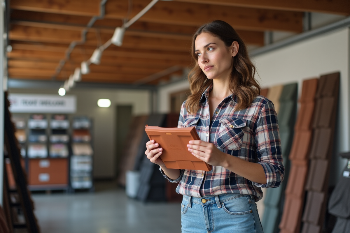 Jeune femme compare des tuiles en showroom de matériaux de toiture