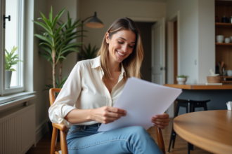 Femme souriante vérifiant un contrat de location dans un appartement parisien