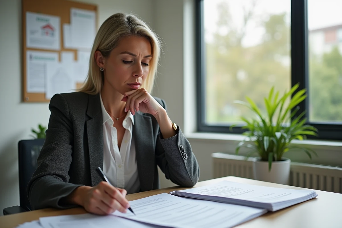 Femme d'âge moyen examinant des dossiers de location au bureau