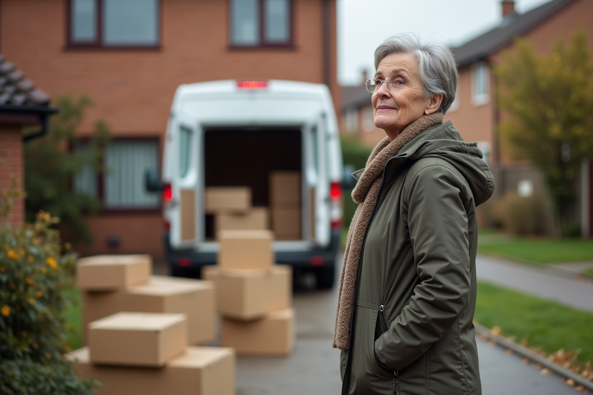 Femme réfléchissant devant des cartons de déménagement dehors