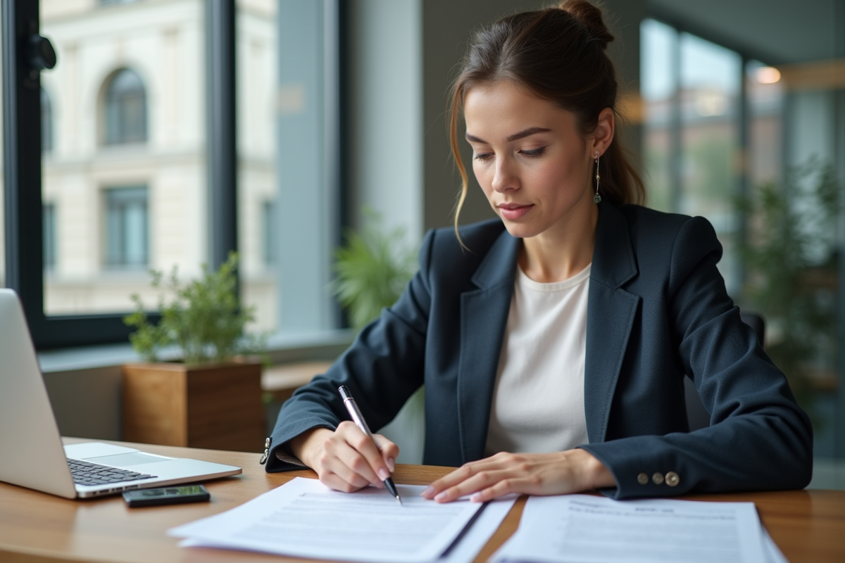 Jeune femme notaire examinant un acte dans un bureau moderne