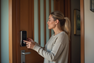 Femme examinant un clavier de sécurité à la porte d'entrée
