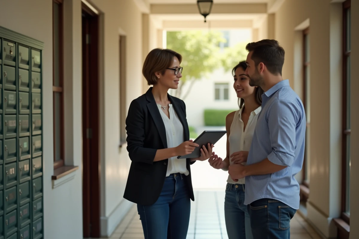 Femme rencontrant des locataires dans un couloir lumineux d
