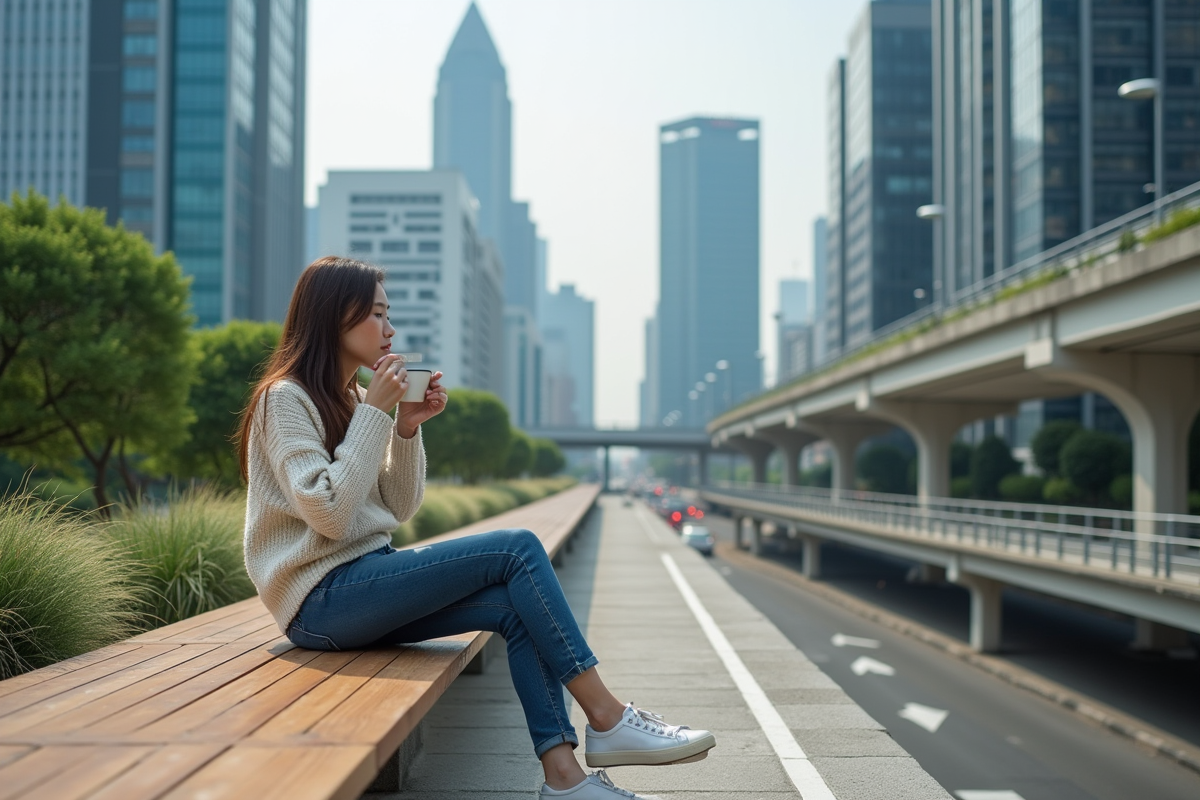 Jeune femme buvant un café sur une passerelle urbaine