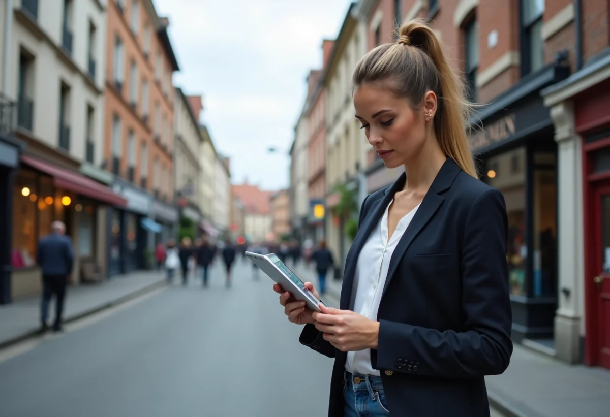 Femme professionnelle étudie une carte digitale en ville