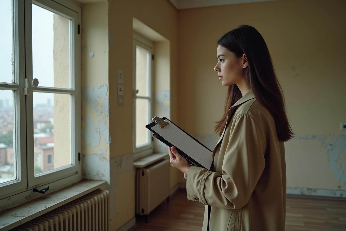 Jeune femme inspectant un appartement vide avec un clipboard