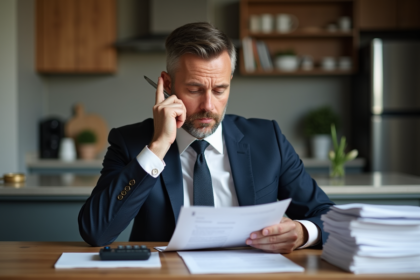 Homme d'affaires en costume examine des documents de prêt immobilier