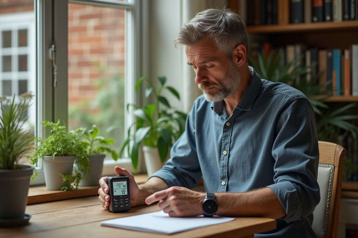 Homme vérifiant un hygrometre dans une véranda lumineuse
