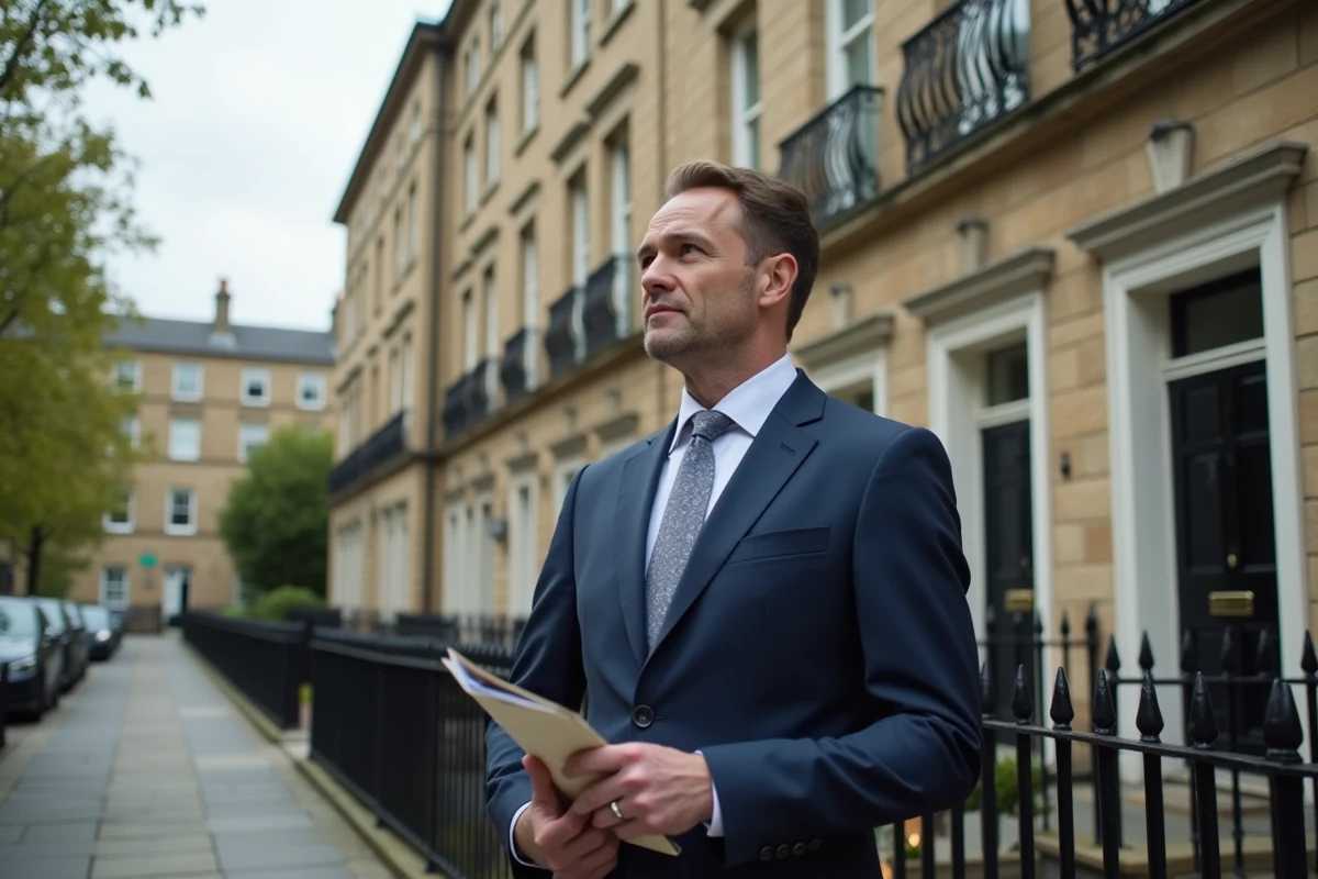 Homme en costume regardant une maison ancienne rénovée