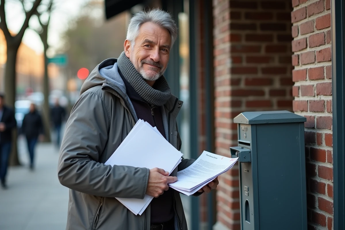 Homme déposé du courrier devant une poste en milieu urbain
