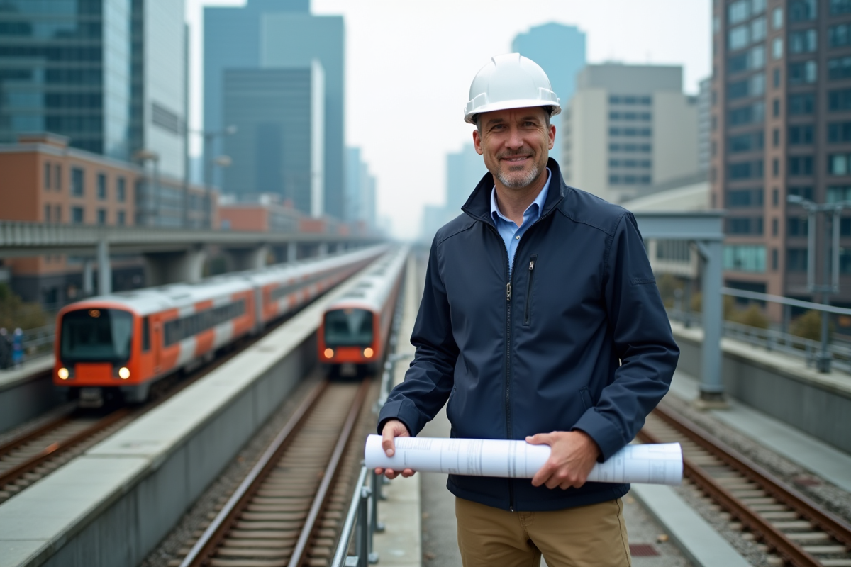 Ingénieur urbain inspectant un réseau de voies ferrées en ville