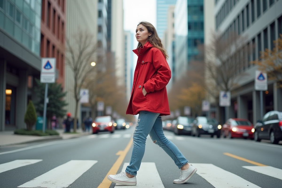 Jeune femme dans la ville en red windbreaker et jeans