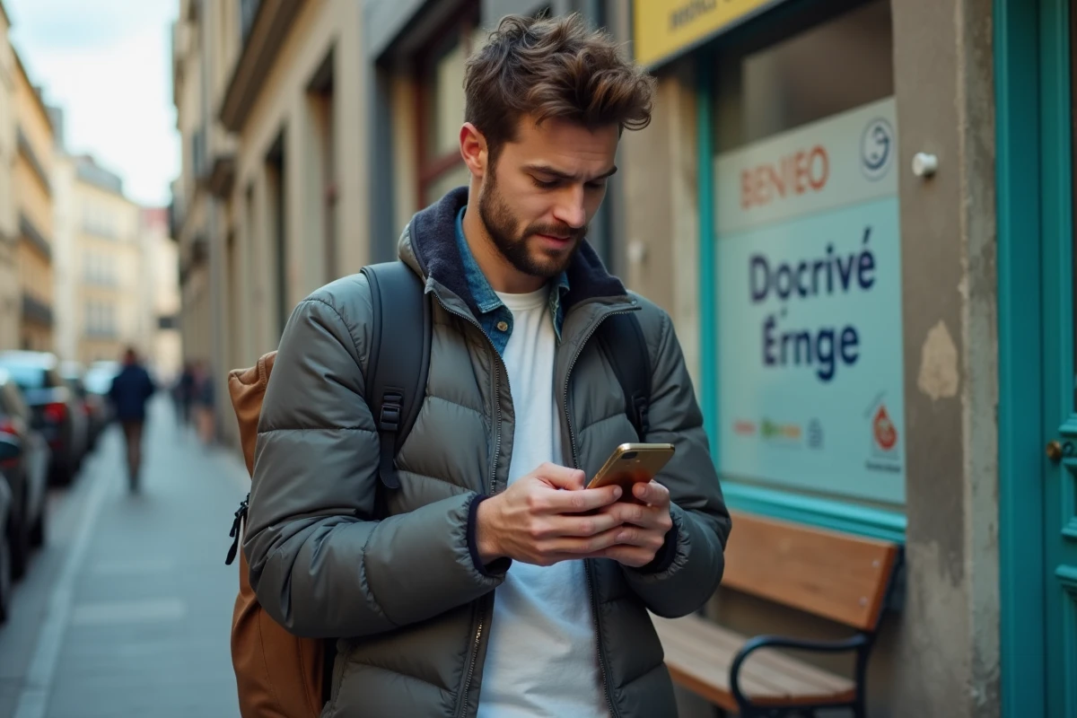 Jeune homme regardant le site Bienveo devant une agence logement
