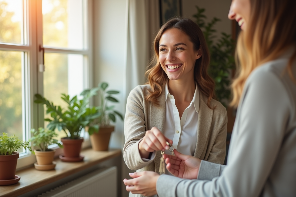 Jeune professionnel remettant les clés d'une chambre lumineuse