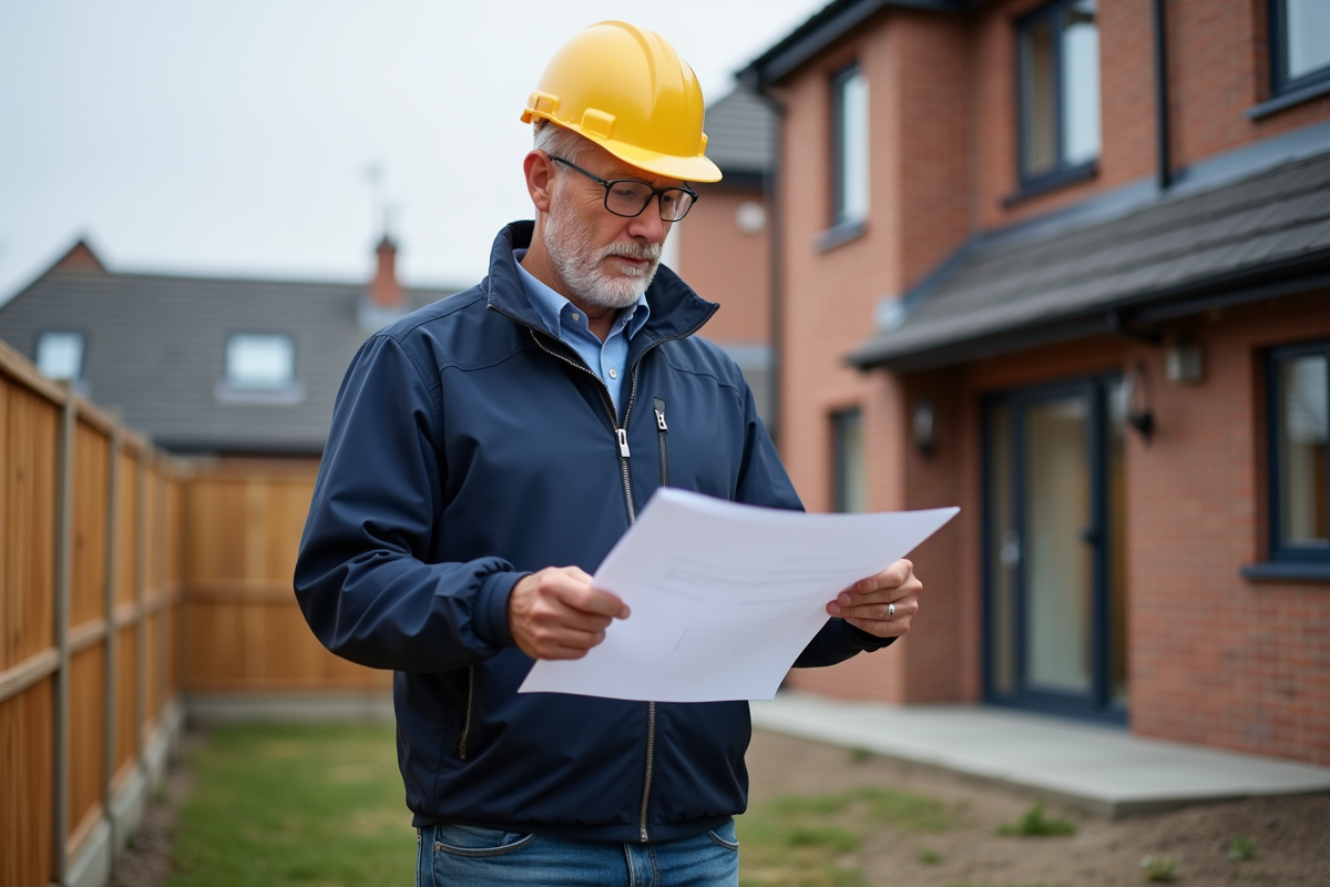 Constructeur homme en extérieur avec plans de construction