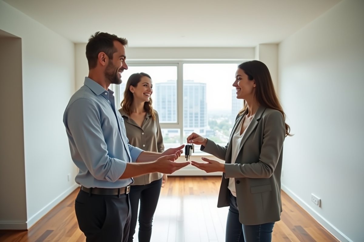 Homme remettant les clés à un couple dans un salon lumineux