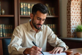 Acheteur immobilier marocain signant un contrat dans un bureau de notaire à Marrakech