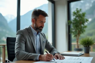 Homme d'affaires examinant des documents immobiliers dans une agence moderne en Andorre avec vue sur les montagnes