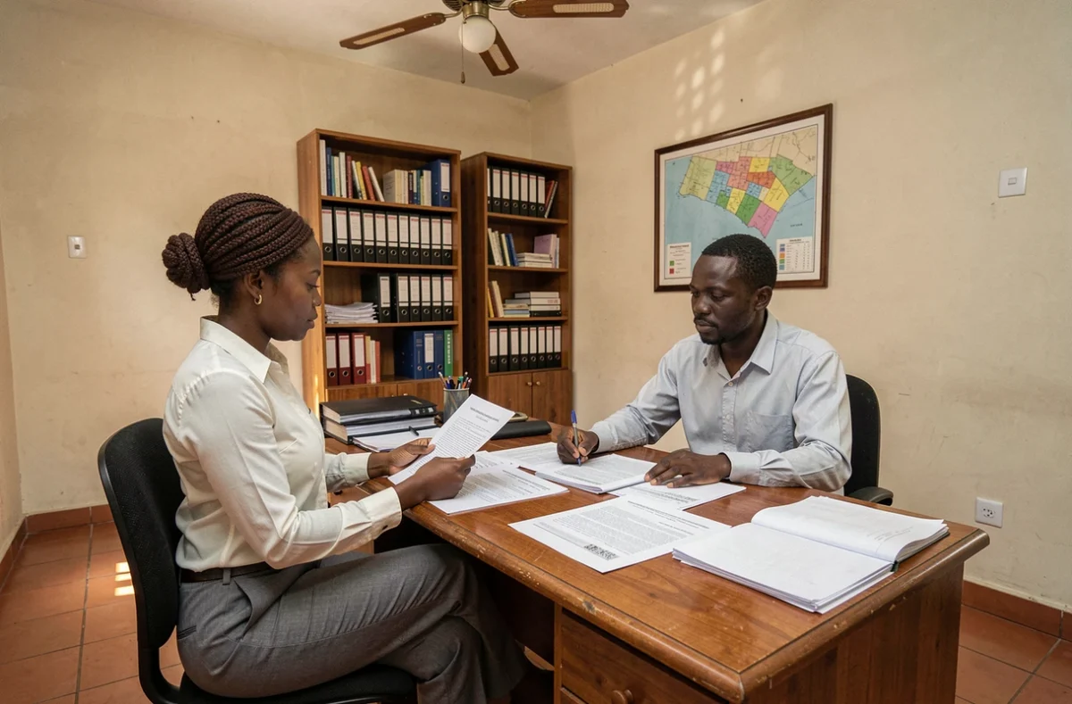 Femme sénégalaise consultant un notaire pour l'achat d'un terrain sécurisé au Sénégal