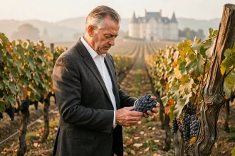 Propriétaire en costume inspecte les raisins dans un vignoble de Bordeaux en automne avec château en arrière-plan