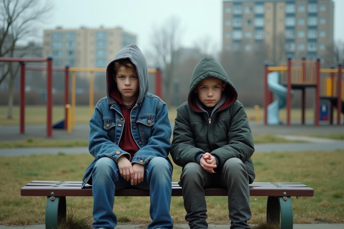 Deux adolescents assis sur un banc dans un parc urbain