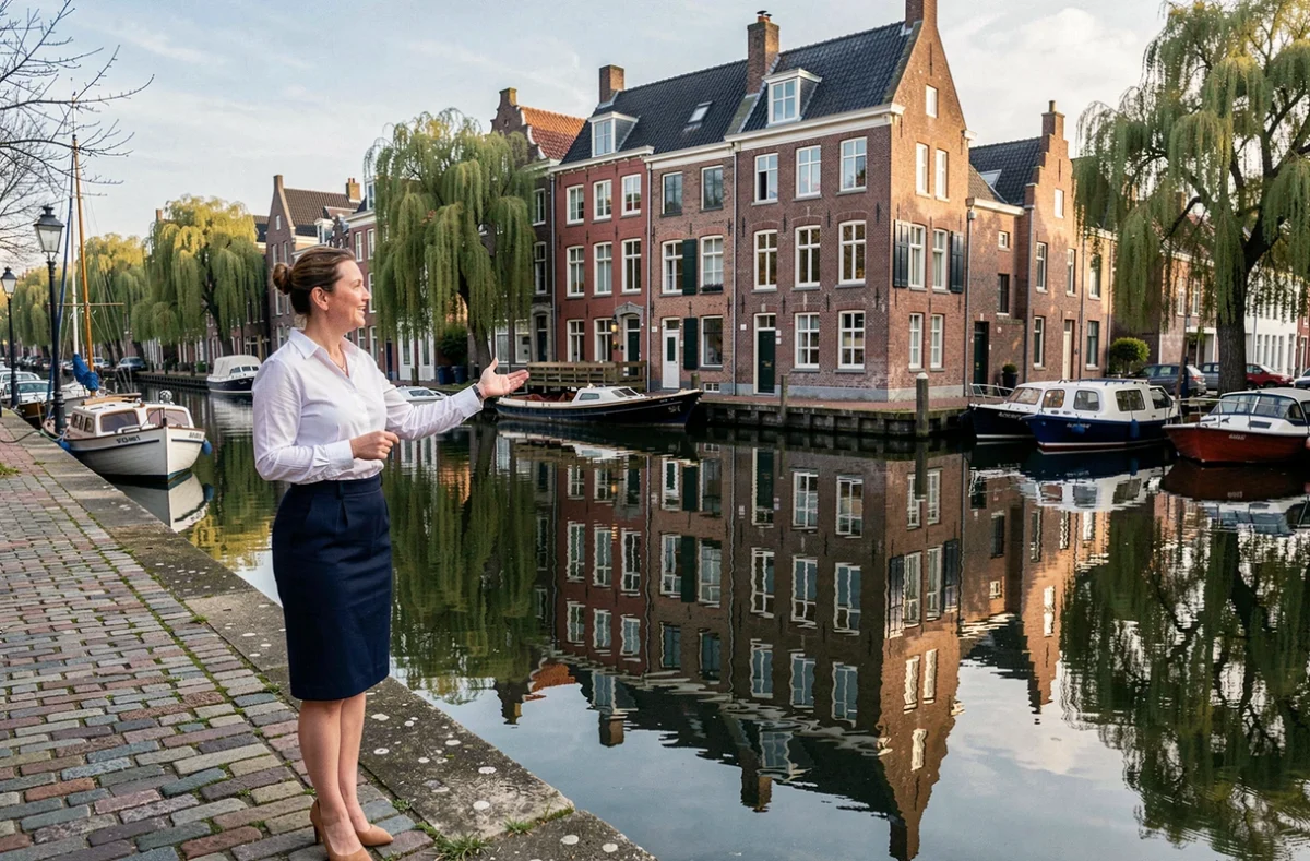 Agente des Quais sur un quai de canal nord-français devant des façades en briques flamandes reflétées dans l'eau