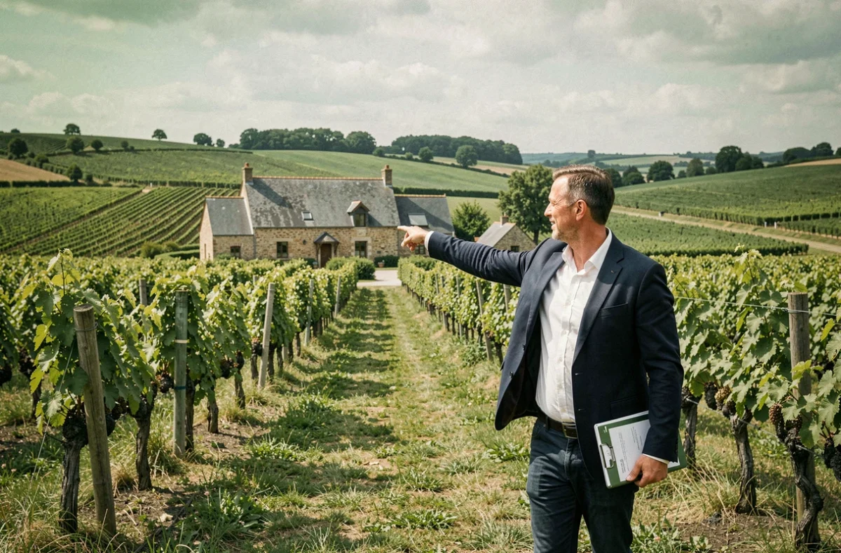 Agent de l'Agence du Tardenois marchant dans un paysage rural avec vignes, pointant vers une ferme en pierre traditionnelle