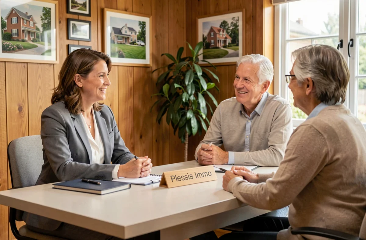 Agente Plessis Immo en consultation avec un couple dans un bureau d'agence chaleureux avec décoration locale