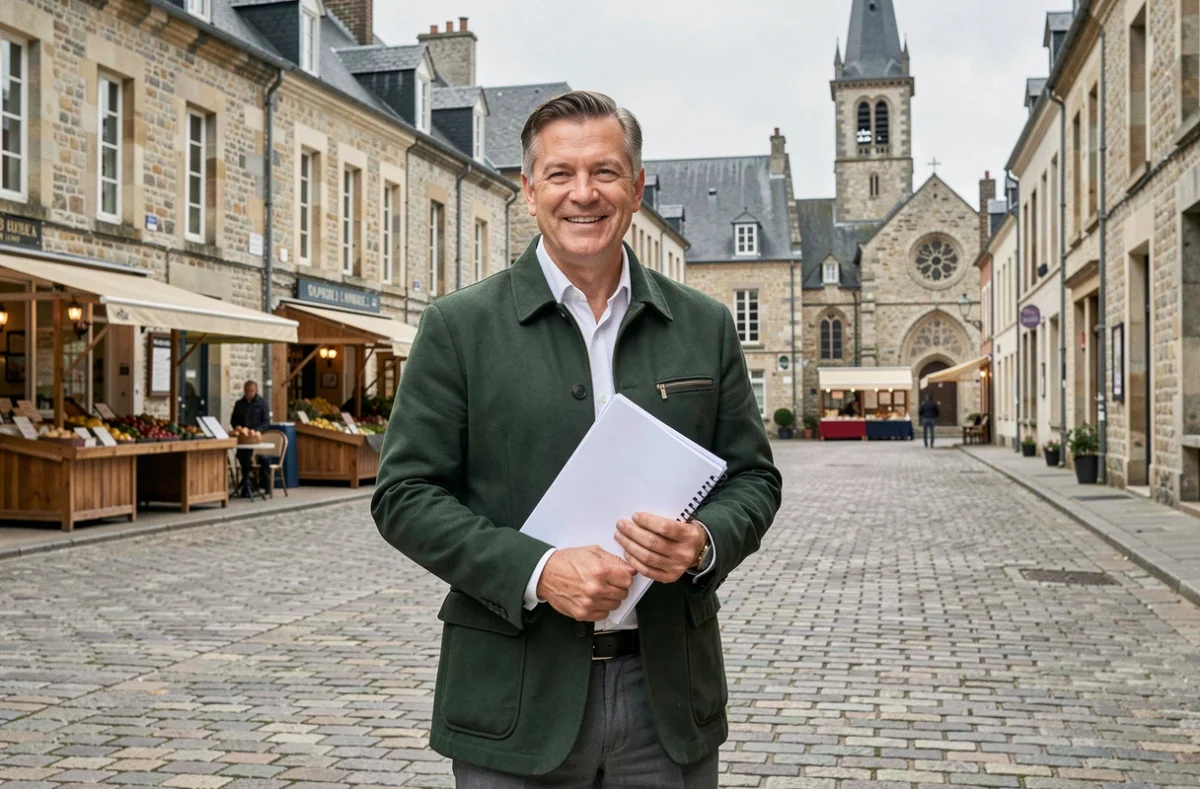 Agent Porte Neuve Marquise devant la place du marché historique de Marquise avec architecture en pierre boulonnaise