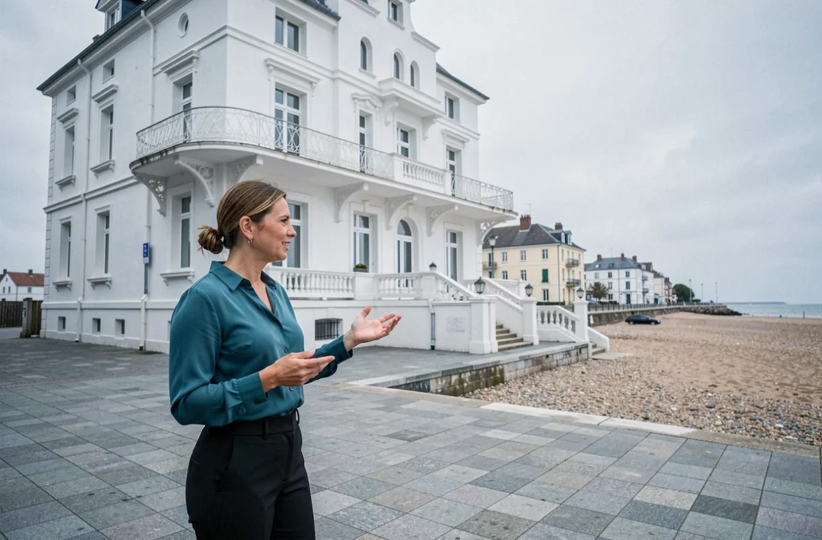 Agente Porte Neuve Wimereux sur la promenade devant une villa Art Déco blanche typique de la Côte d'Opale