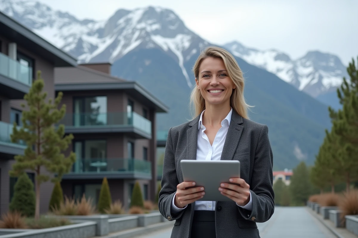 Agent immobilier devant un immeuble moderne en Andorre avec les sommets pyrénéens enneigés en arrière-plan
