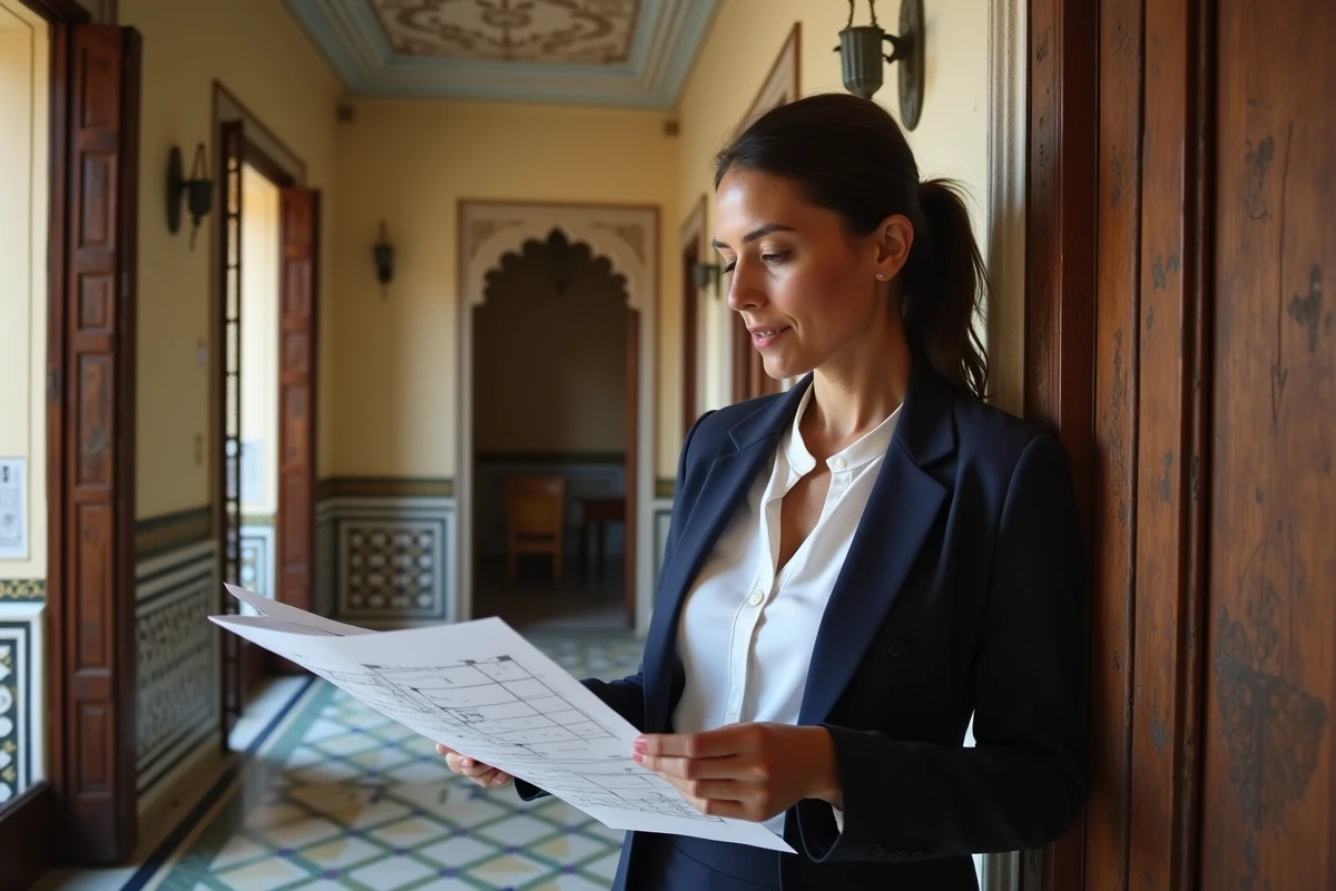 Agent immobilier présentant un appartement ancien à vendre dans le quartier Guéliz de Marrakech