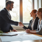 Agent immobilier souriant avec un couple dans un bureau moderne