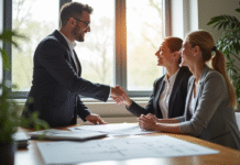 Agent immobilier souriant avec un couple dans un bureau moderne