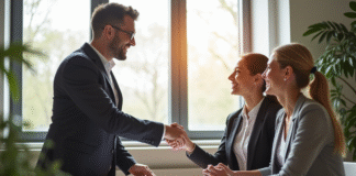Agent immobilier souriant avec un couple dans un bureau moderne