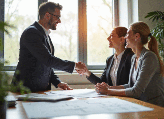 Agent immobilier souriant avec un couple dans un bureau moderne