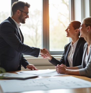 Agent immobilier souriant avec un couple dans un bureau moderne