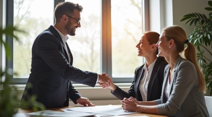 Agent immobilier souriant avec un couple dans un bureau moderne
