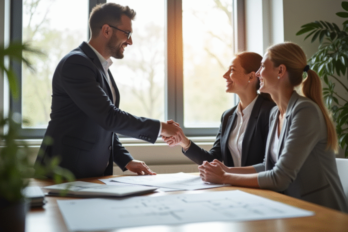 Agent immobilier souriant avec un couple dans un bureau moderne