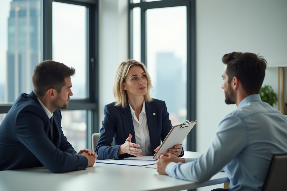 Agent immobilier en costume bleu discutant avec un couple