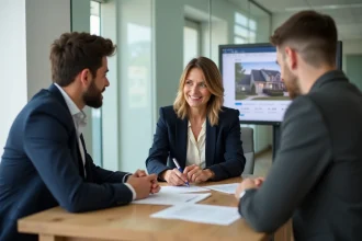 Agent immobilier expliquant les honoraires à la charge du vendeur à un couple lors de la signature d'un contrat de vente