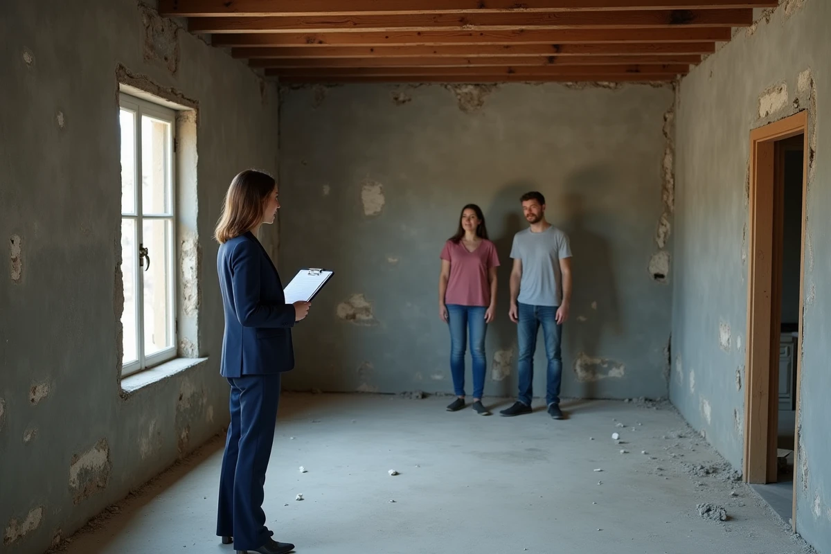 Agent immobilier présentant l'intérieur en rénovation d'une maison en mâchefer à un couple d'acheteurs, murs en laitier apparents et poutres en bois