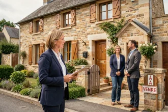 Agent immobilier présentant une maison à vendre en Calvados à un couple devant une façade en pierre normande avec panneau À Vendre discret